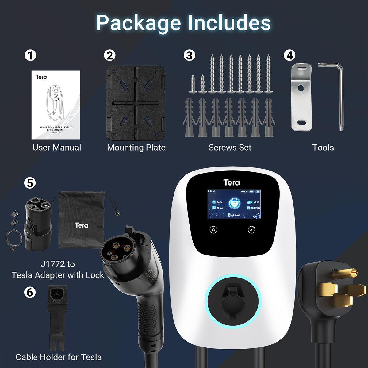48A 240V Level 2 White Home EV Charger for SAE J1772 & TESLA W01