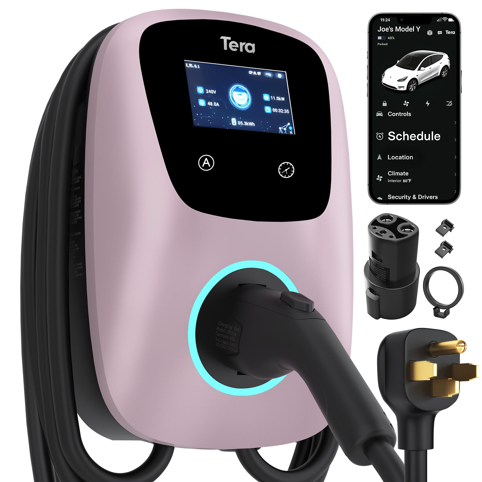 48A 240V Level 2 Pink Home EV Charger for SAE J1772 & TESLA W01