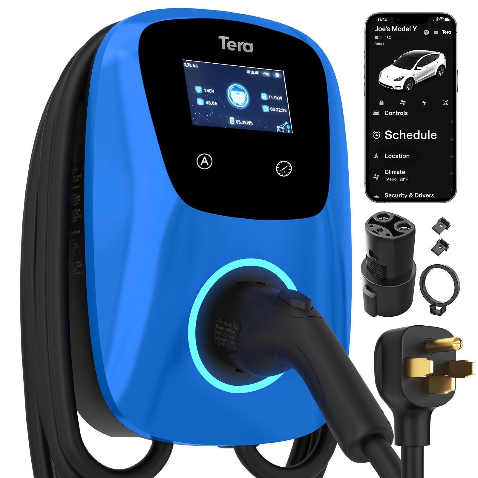 48A 240V Level 2 Blue Home EV Charger for SAE J1772 & TESLA W01