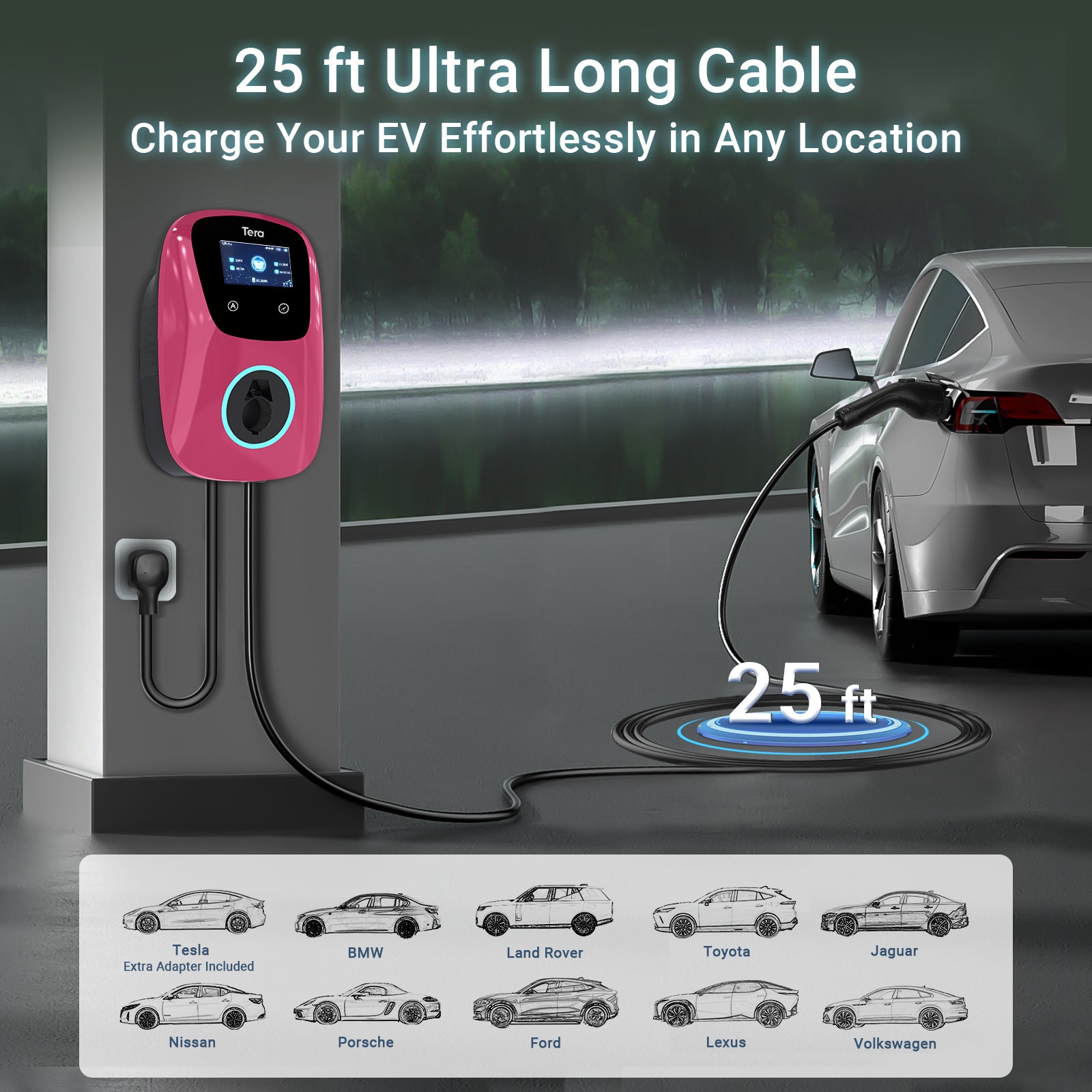 48A 240V Level 2 Rose Home EV Charger for SAE J1772 & TESLA W01