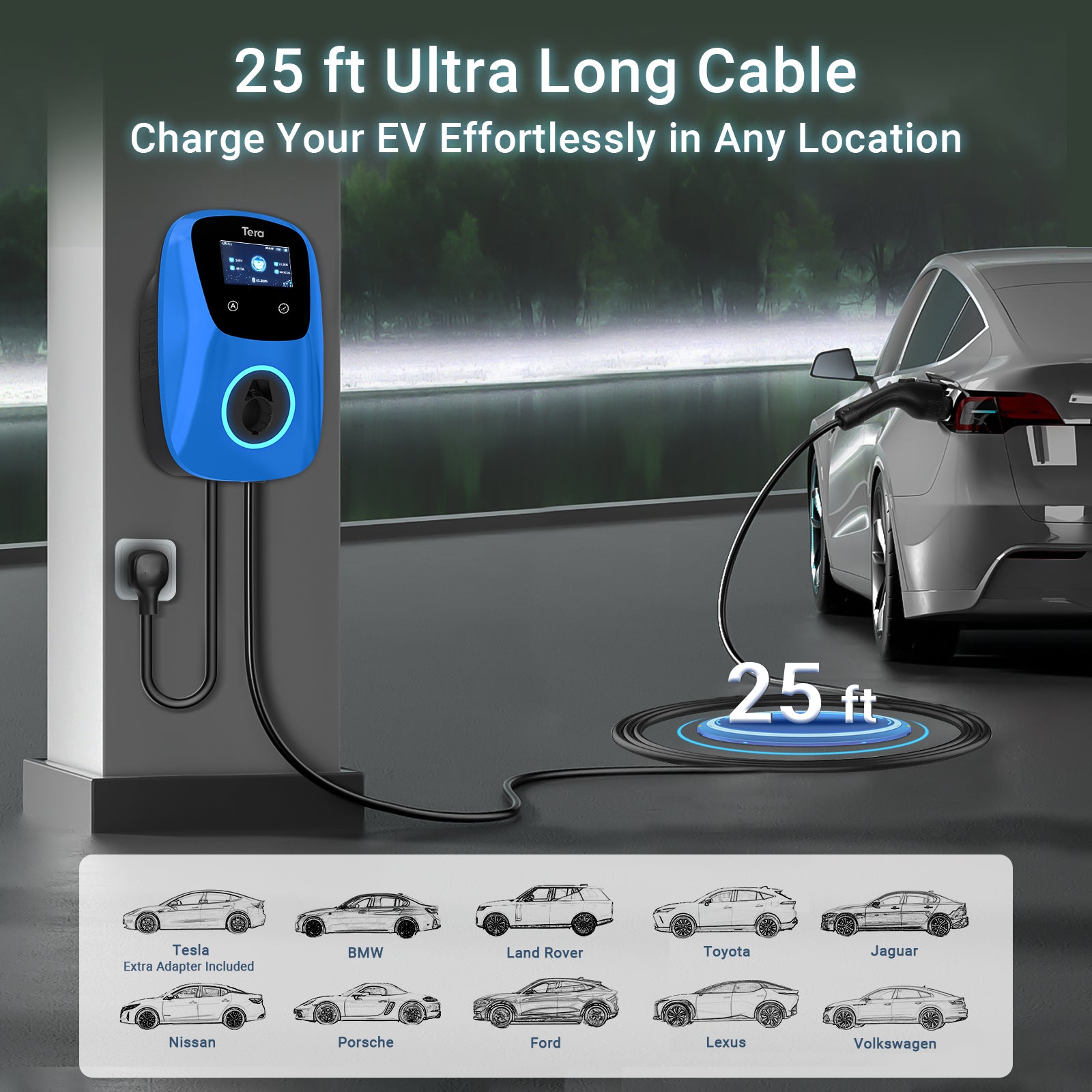 48A 240V Level 2 Blue Home EV Charger for SAE J1772 & TESLA W01