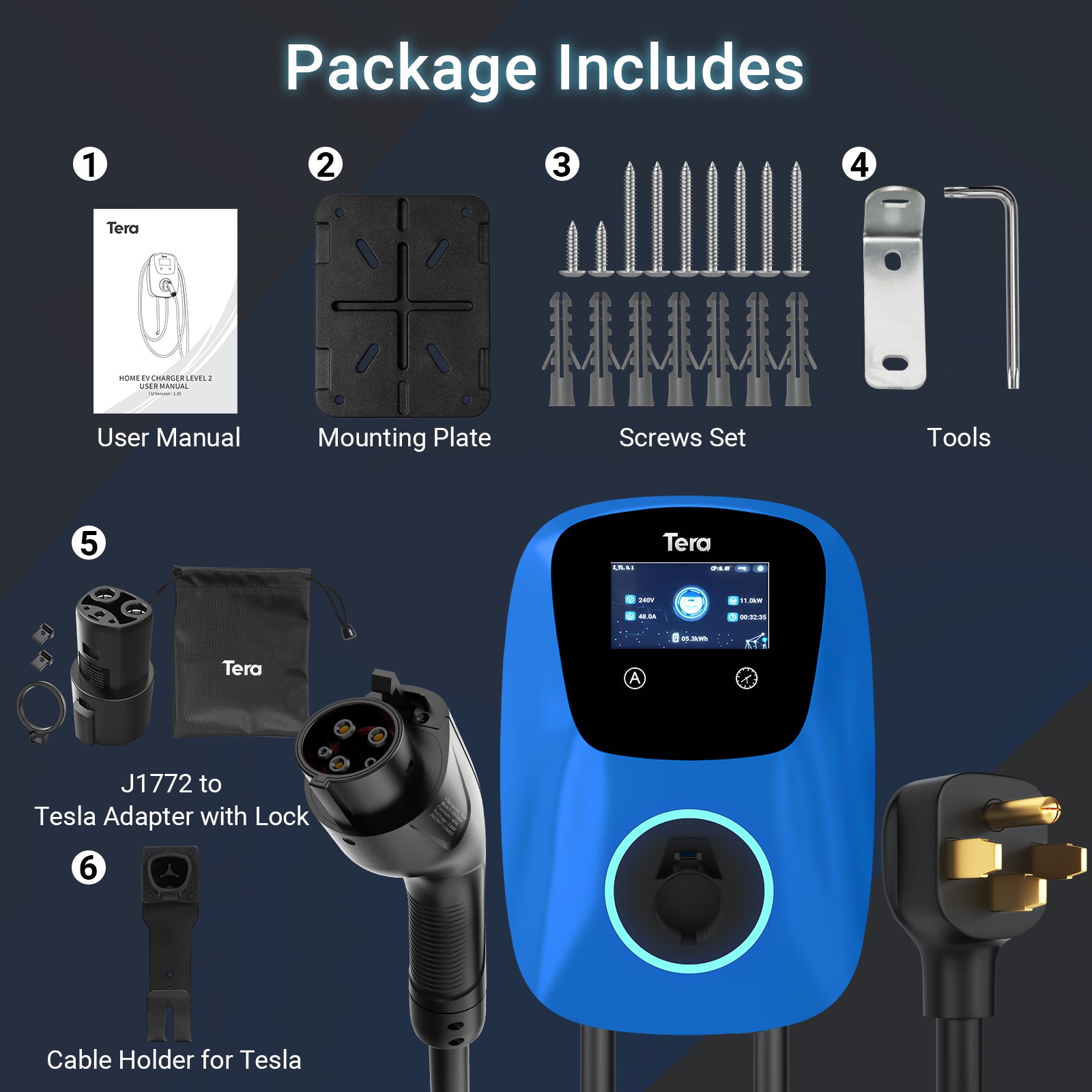 48A 240V Level 2 Blue Home EV Charger for SAE J1772 & TESLA W01