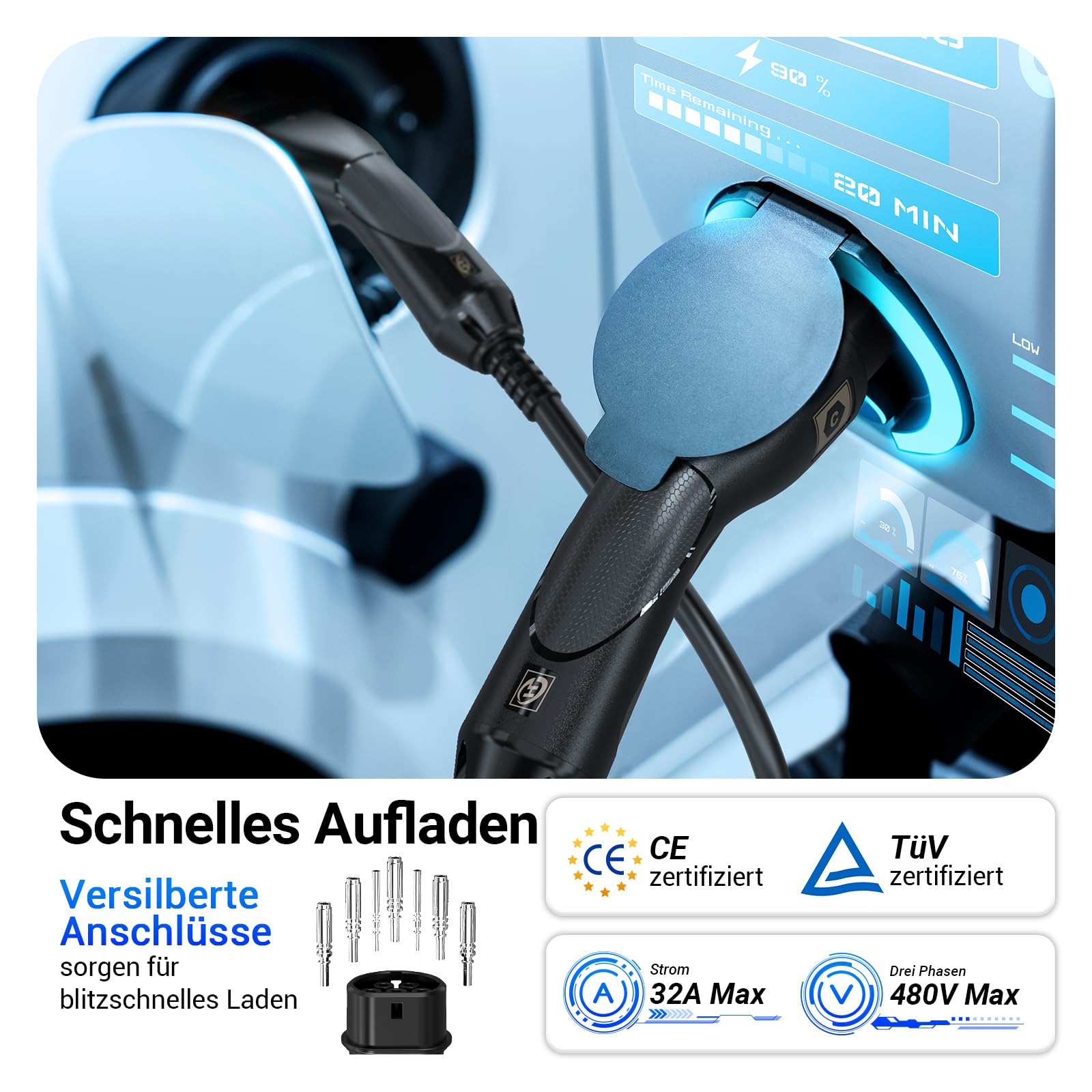 Tera Type 2 Charging Cable 22 KW 3 Phase Charging Cable with 32 A 7 Metres 22 KW for EV Electric Cars PHEV