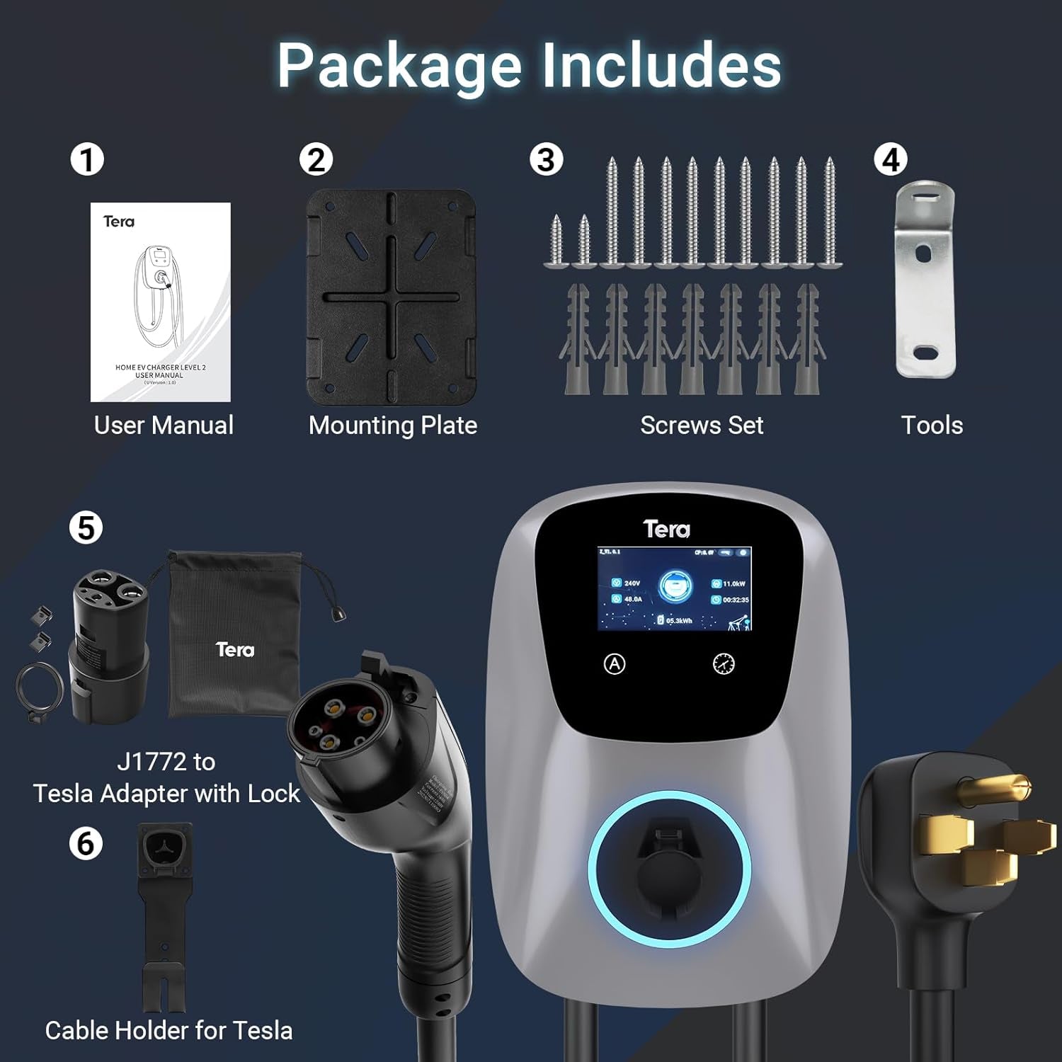 48A 240V Level 2 Home EV Charger for SAE J1772 & TESLA W01