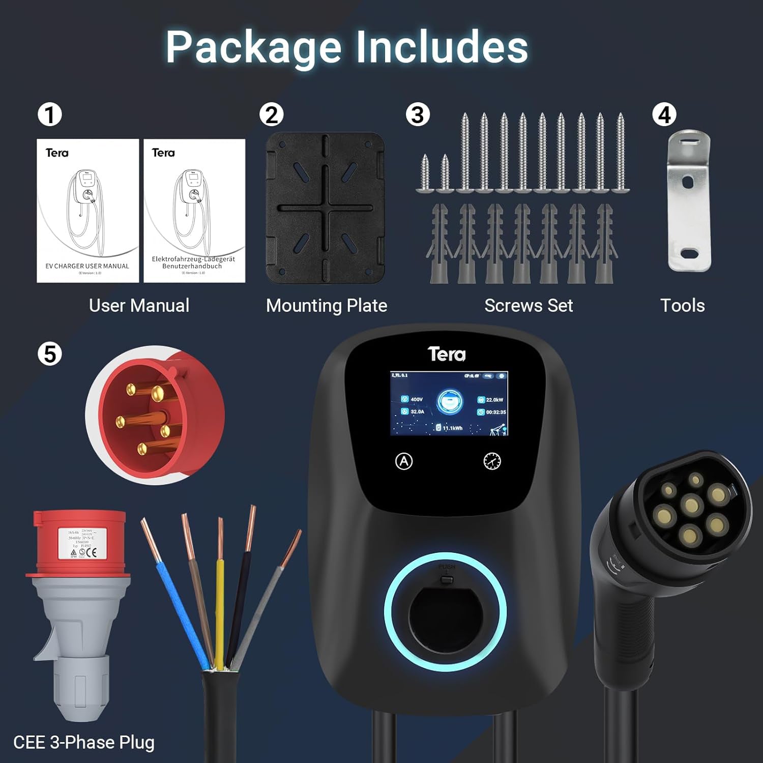 32A 400V Type 2 Home EV Charger CEE 3-Phase Plug for All EVs & PHEVs W01