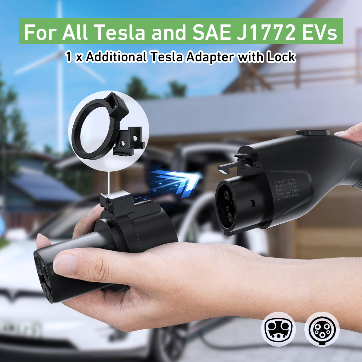 32A 240V Level 1+2 Black Portable EV Charger for SAE J1772 & TESLA P01
