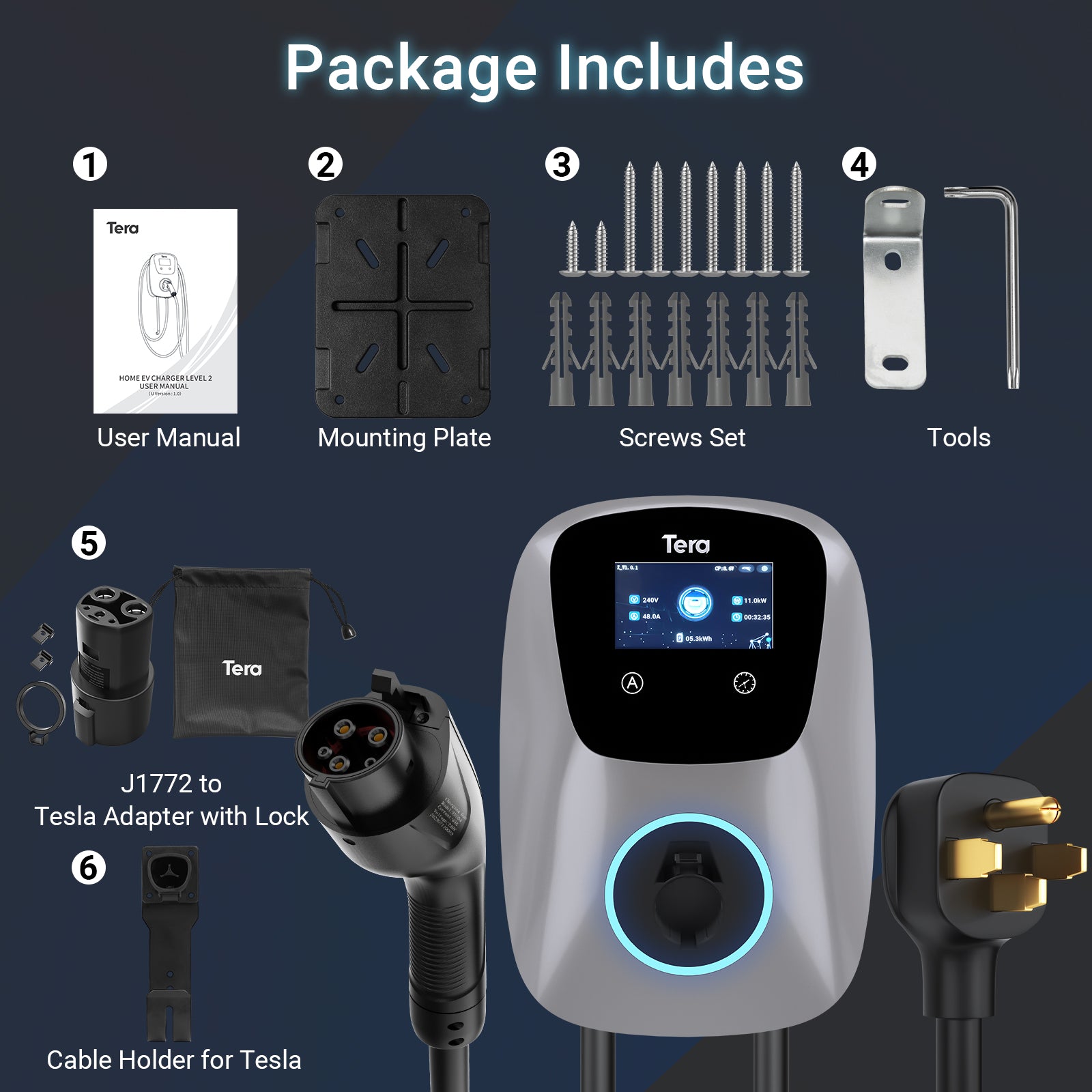 48A 240V Level 2 Black Home EV Charger for SAE J1772 & TESLA W01