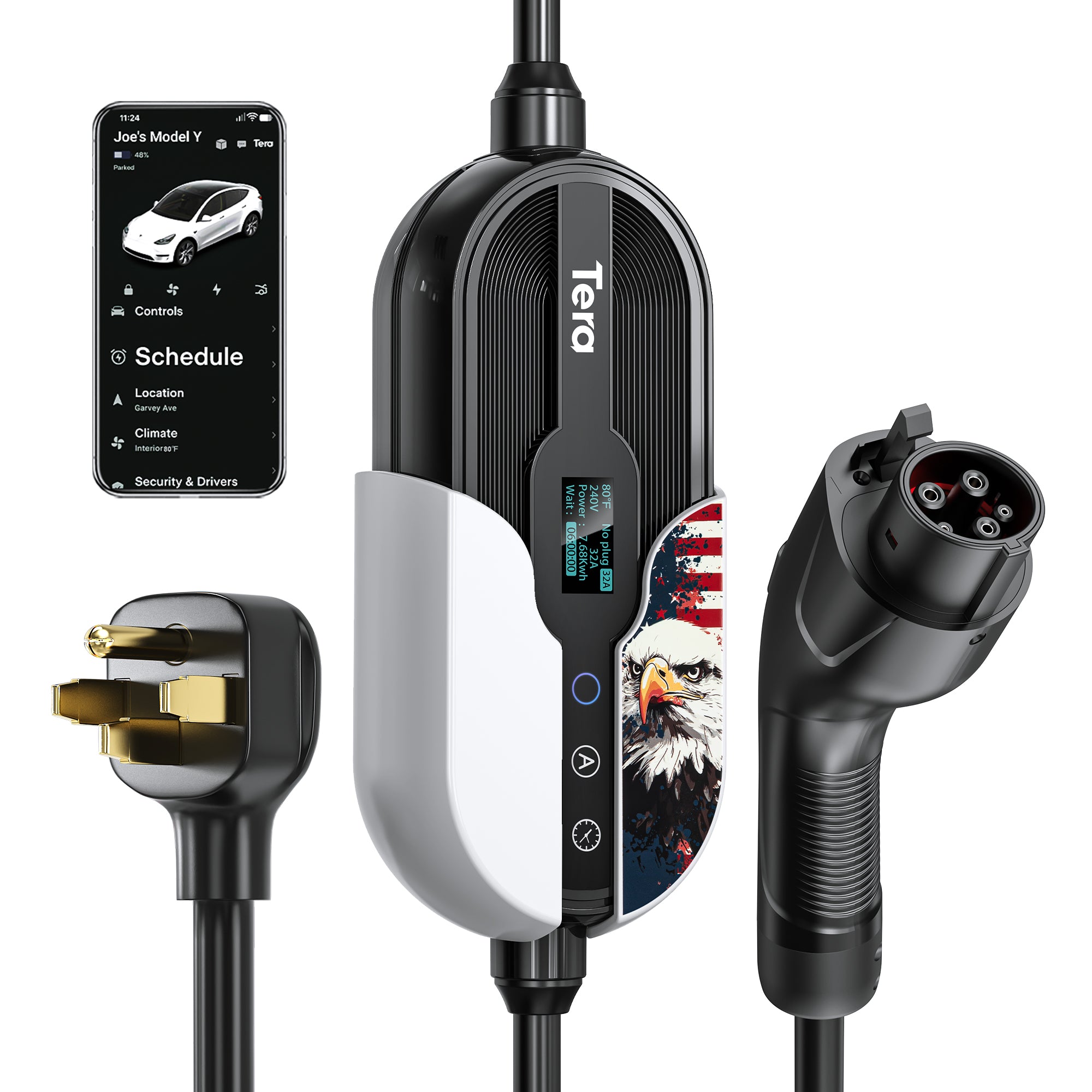32A 240V Level 1+2 Black Eagle Portable EV Charger for SAE J1772 & TESLA P01